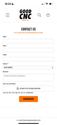 contact form for cnc machining website on mobile 